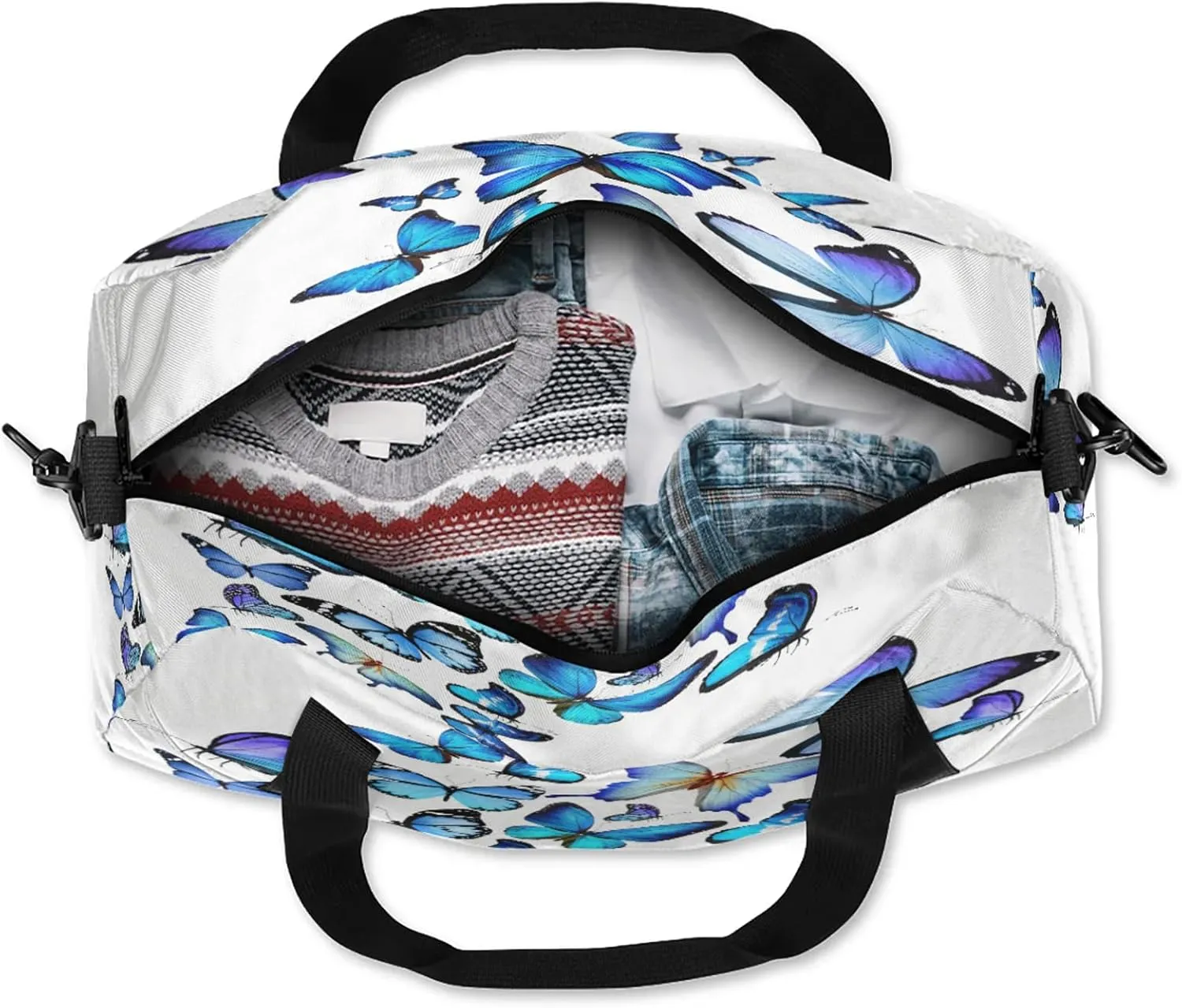 Blue Butterfly Patterns Kids Duffel Bag Lightweight Waterproof Sports Gym Bag with Front Zipper Pocket Foldable Weekender Overnight Bag for School Practice Gymnastic Ballet