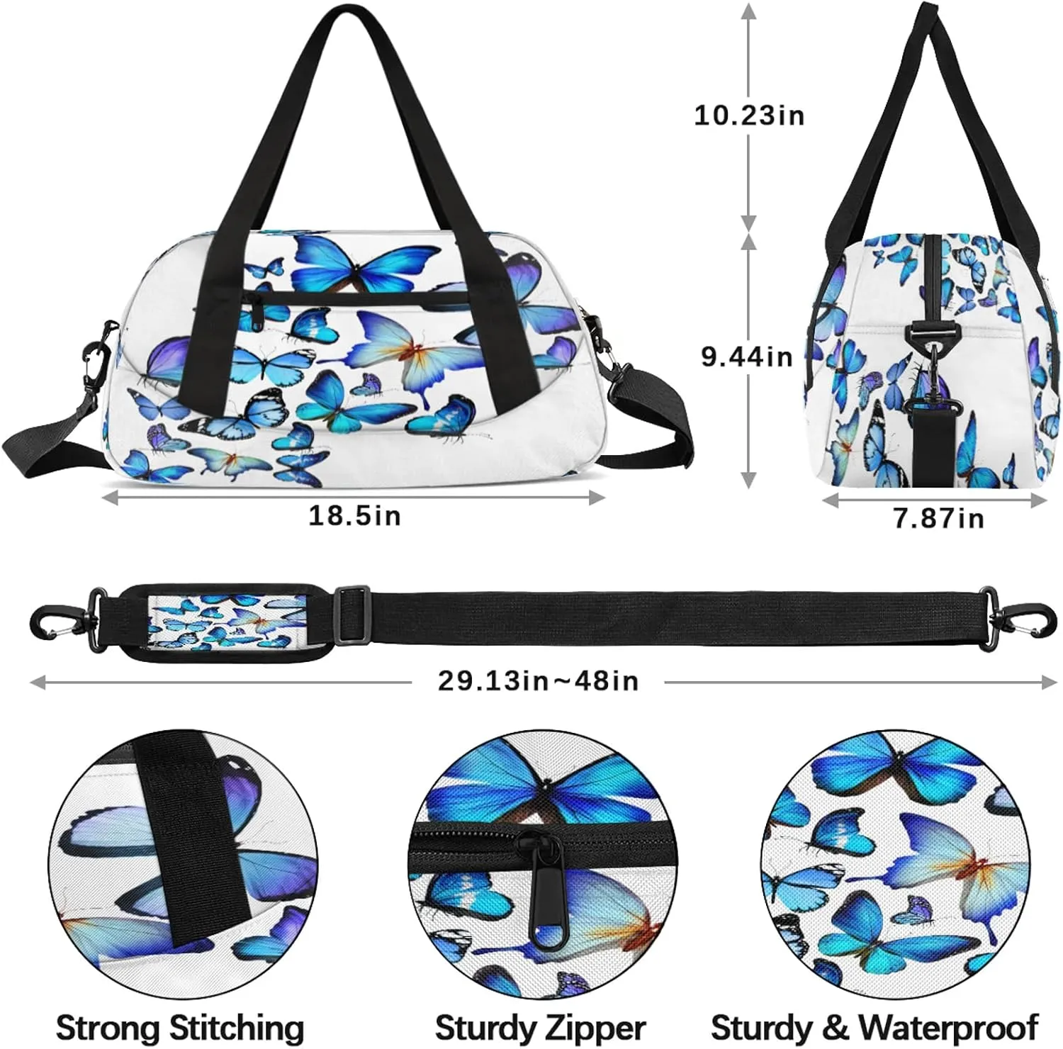 Blue Butterfly Patterns Kids Duffel Bag Lightweight Waterproof Sports Gym Bag with Front Zipper Pocket Foldable Weekender Overnight Bag for School Practice Gymnastic Ballet
