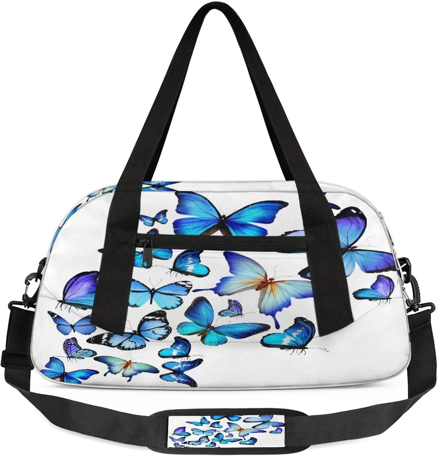 Blue Butterfly Patterns Kids Duffel Bag Lightweight Waterproof Sports Gym Bag with Front Zipper Pocket Foldable Weekender Overnight Bag for School Practice Gymnastic Ballet