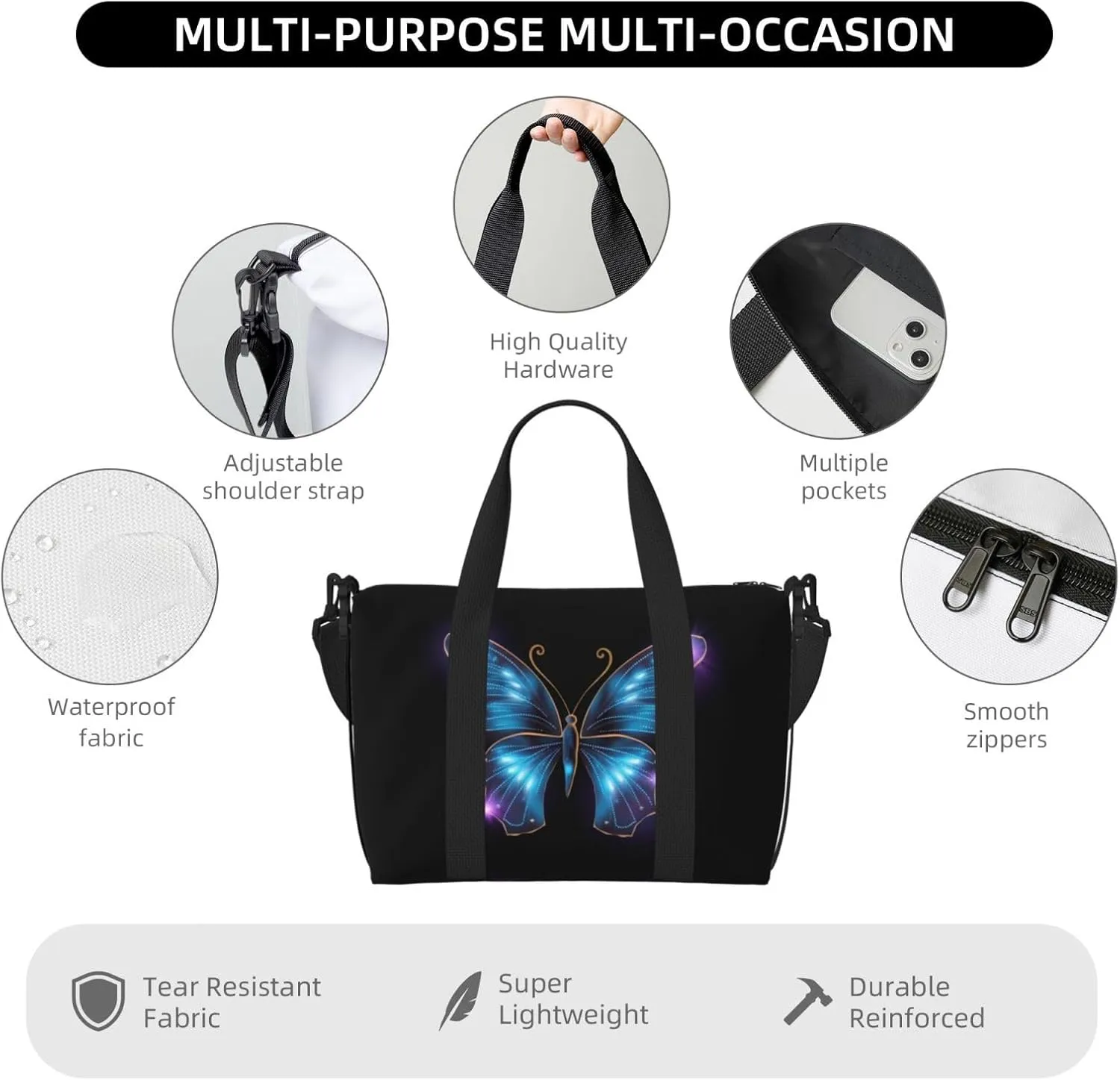Blue Butterfly Travel Duffel Bags for Women Men, Sports Training Gym Bag Dance Bag with Adjustable Shoulder Strap Purple Star Weekender Overnight Bag