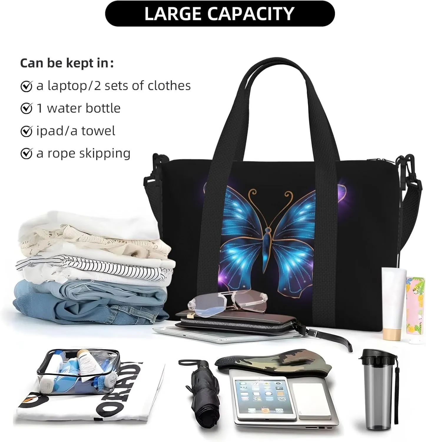 Blue Butterfly Travel Duffel Bags for Women Men, Sports Training Gym Bag Dance Bag with Adjustable Shoulder Strap Purple Star Weekender Overnight Bag