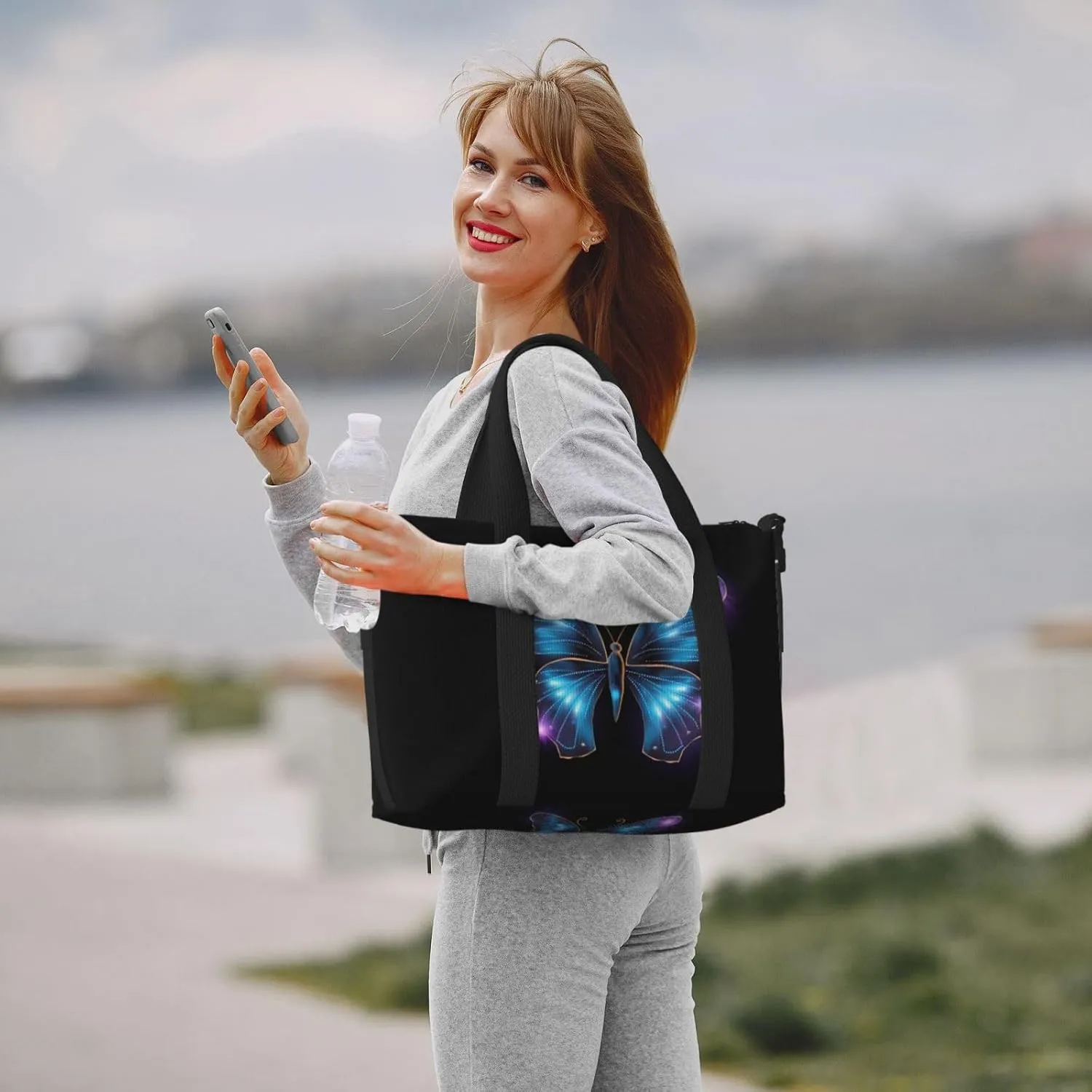 Blue Butterfly Travel Duffel Bags for Women Men, Sports Training Gym Bag Dance Bag with Adjustable Shoulder Strap Purple Star Weekender Overnight Bag