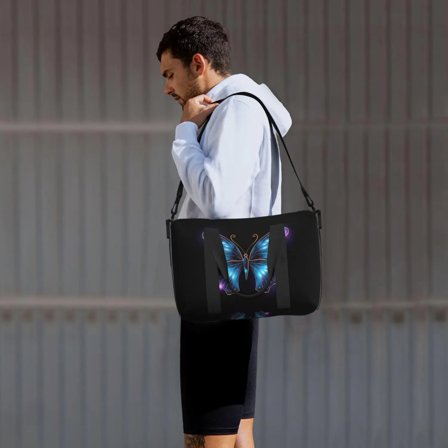 Blue Butterfly Travel Duffel Bags for Women Men, Sports Training Gym Bag Dance Bag with Adjustable Shoulder Strap Purple Star Weekender Overnight Bag