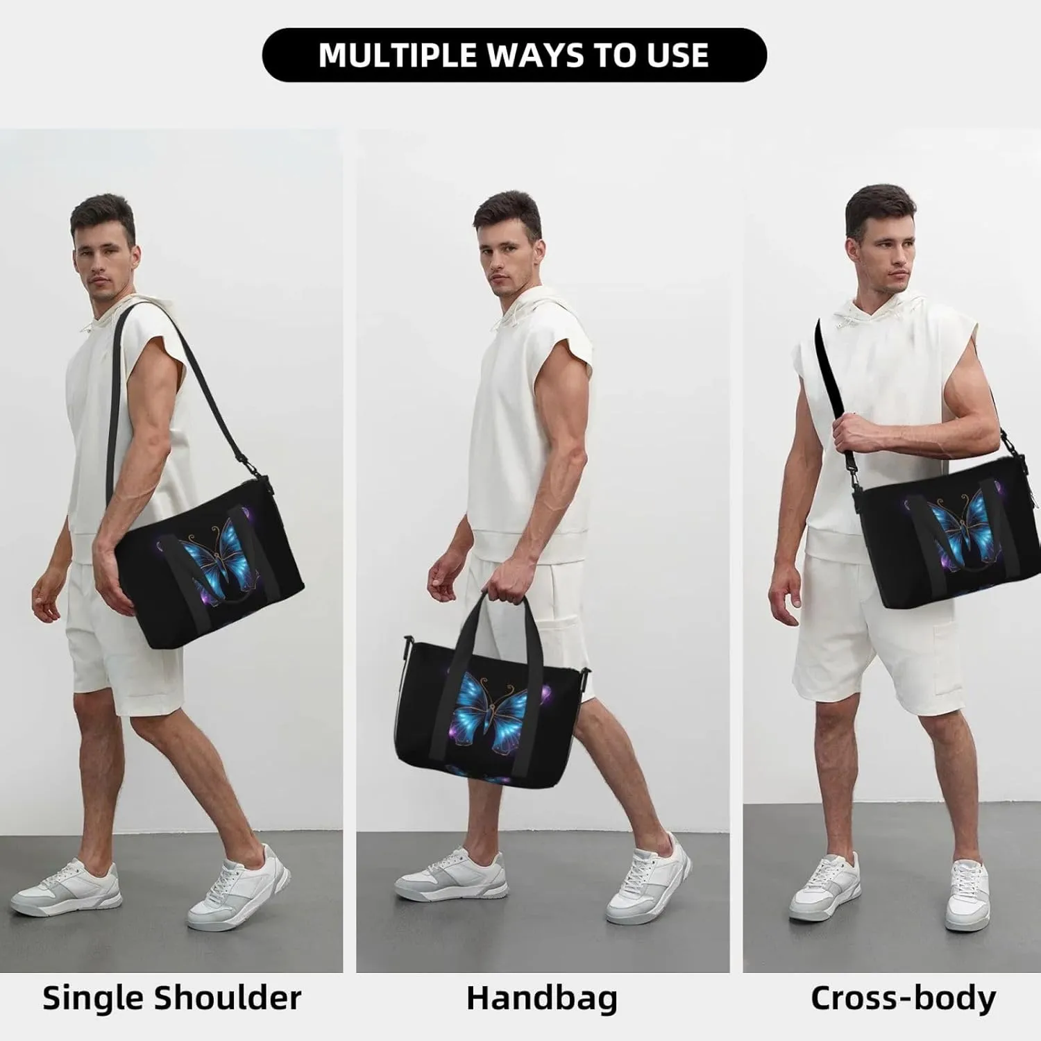 Blue Butterfly Travel Duffel Bags for Women Men, Sports Training Gym Bag Dance Bag with Adjustable Shoulder Strap Purple Star Weekender Overnight Bag