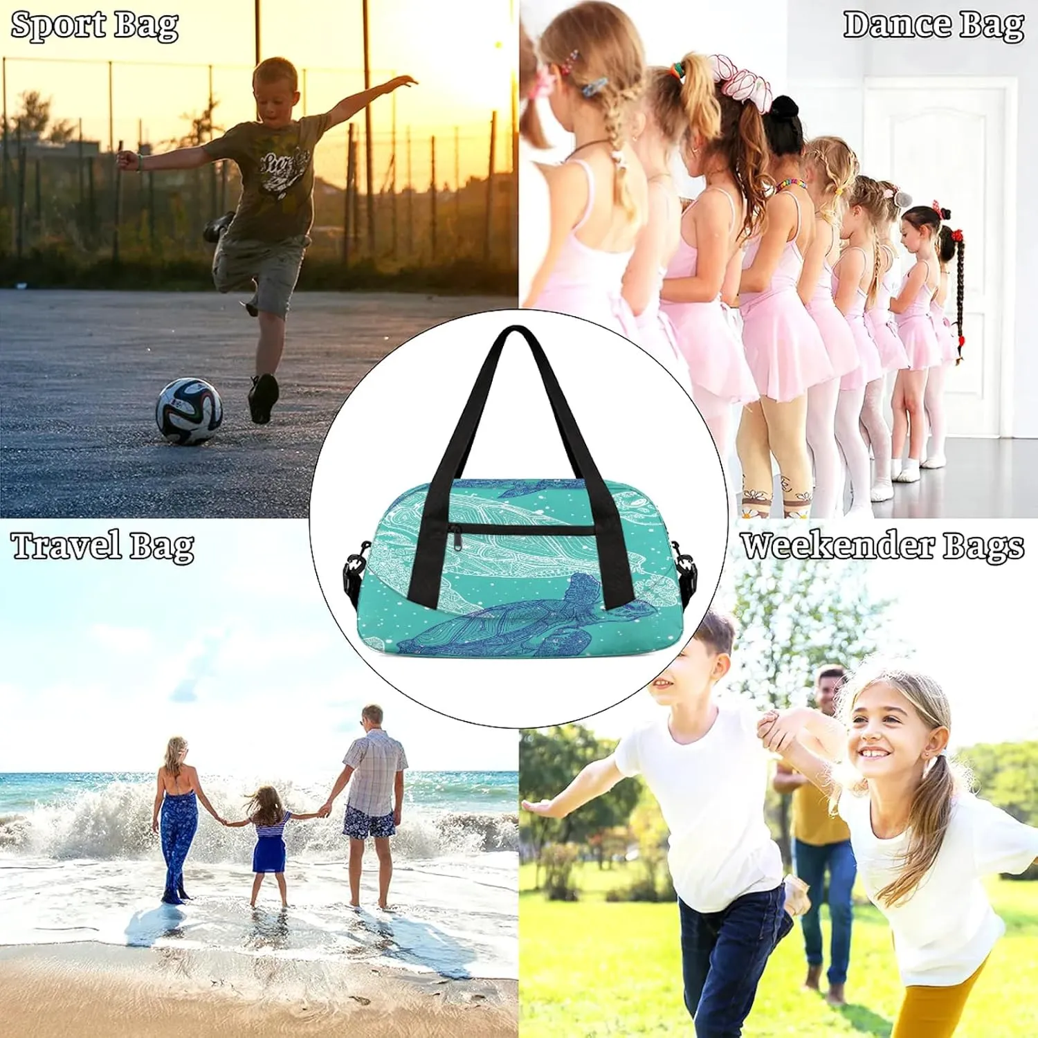 Blue Turtle Kids Duffel Bag Lightweight Waterproof Sports Gym Bag with Front Zipper Pocket Foldable Weekender Overnight Bag for School Practice Gymnastic Ballet