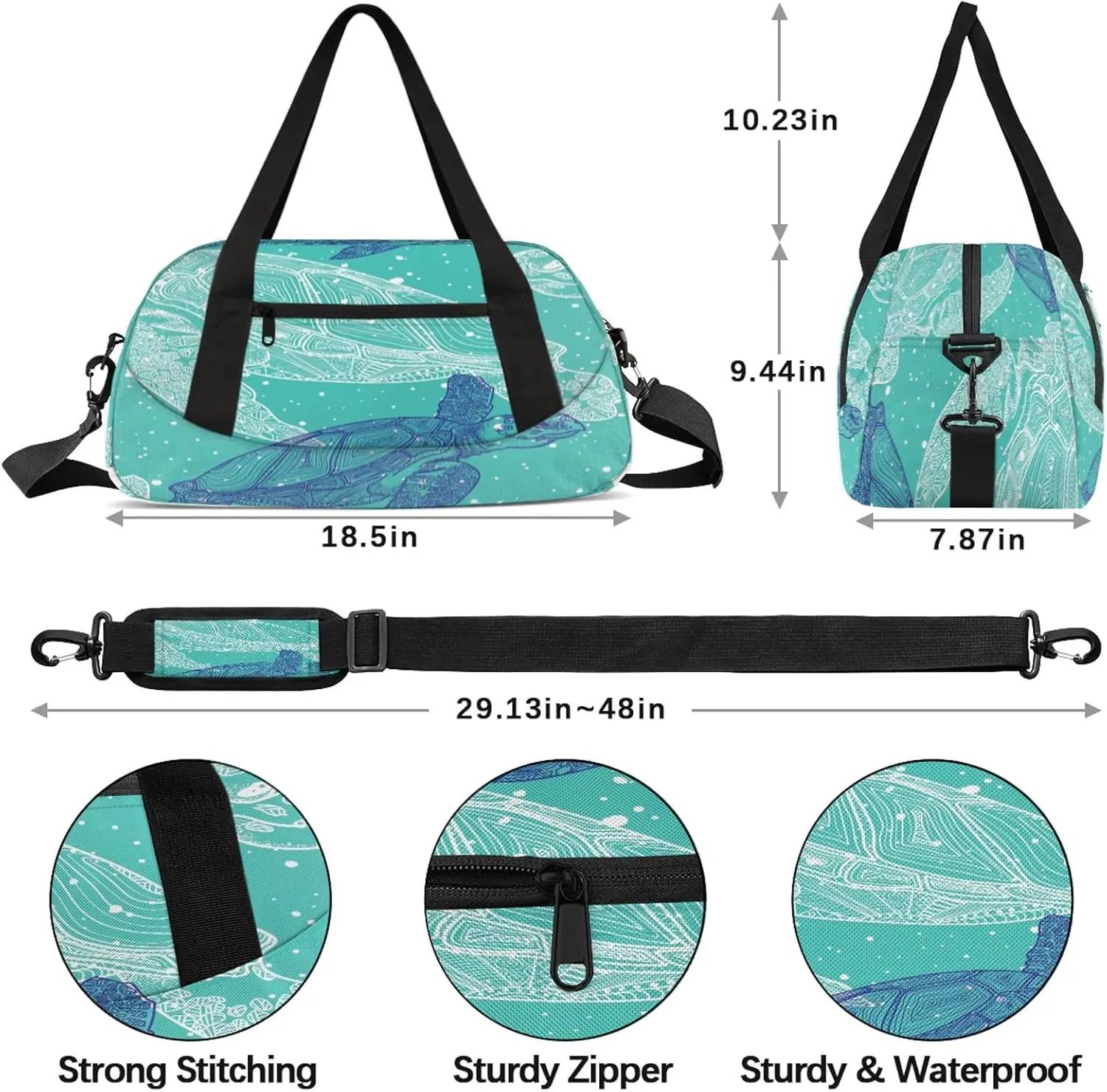Blue Turtle Kids Duffel Bag Lightweight Waterproof Sports Gym Bag with Front Zipper Pocket Foldable Weekender Overnight Bag for School Practice Gymnastic Ballet