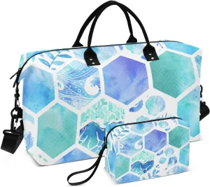 Blue Watercolor Hexagonal Tiles Duffel Bag for Gym Yoga Weekender Overnight Quilting Travel Bag Set