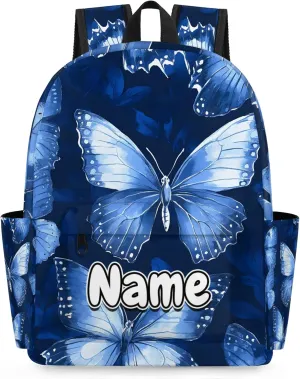 Blue White Butterfly Personalized Backpack Bag with Name Lightweight Custom Shoulder Bags Waterproof Casual Backpacks Travel Laptop Bag 15.1in