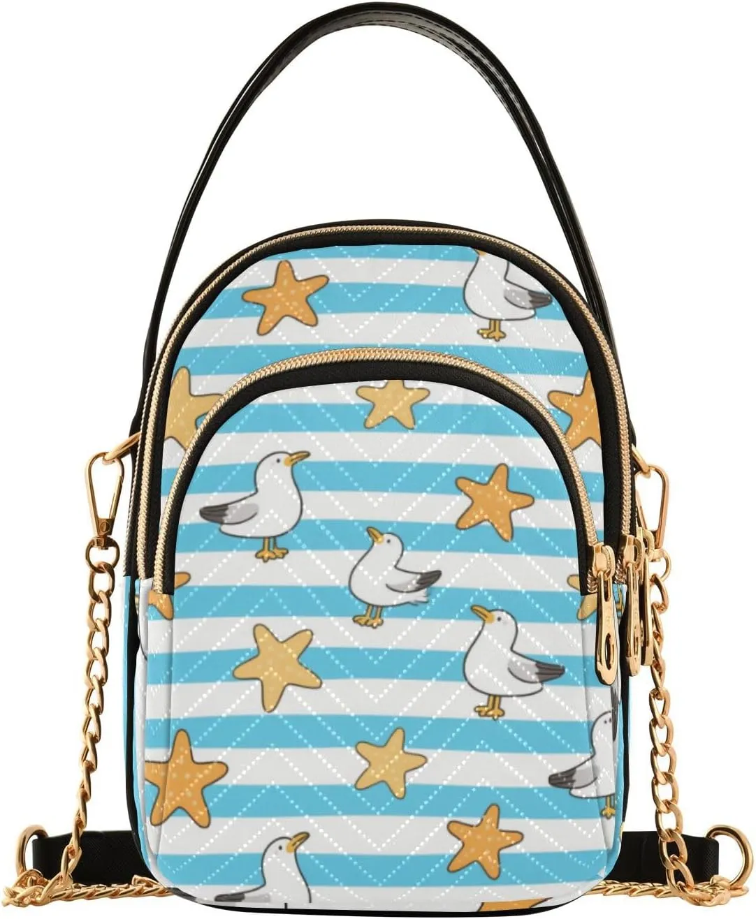 Blue White Striped Starfish Seagull trendy crossbody bags with multi pockets hand bag for traveling