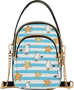 Blue White Striped Starfish Seagull trendy crossbody bags with multi pockets hand bag for traveling