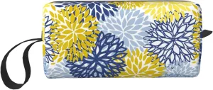 Blue Yellow Flower Abstract Floral Makeup Bag Organizer Small Cosmetic Bags Portable Travel Toiletry Bag With Handle Simple Accessories Storage Zipper Pouch For Women Girl