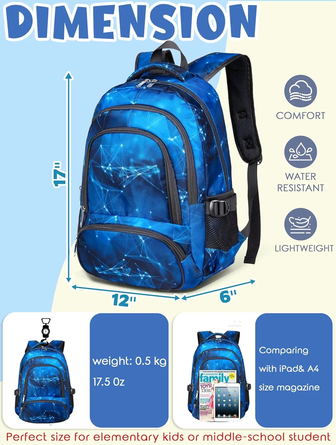 BLUEFAIRY Kids Backpack for Boys School Bookbags for Elementary Primary Middle School Bags Bulk Book Bags for Teens Childs Mochilas para Niños Aged 8-10 Star Blue 5 Pack