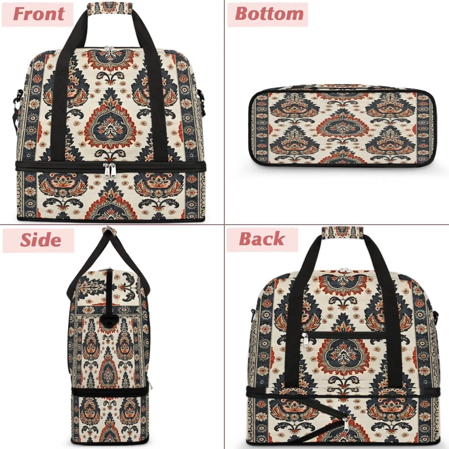 Boho Floral Patterns Travel Duffle Bag, Collapsible Travel Bag Sports Gym Bag With Shoes Compartment Weekender Bag Overnight Bag For Women Men