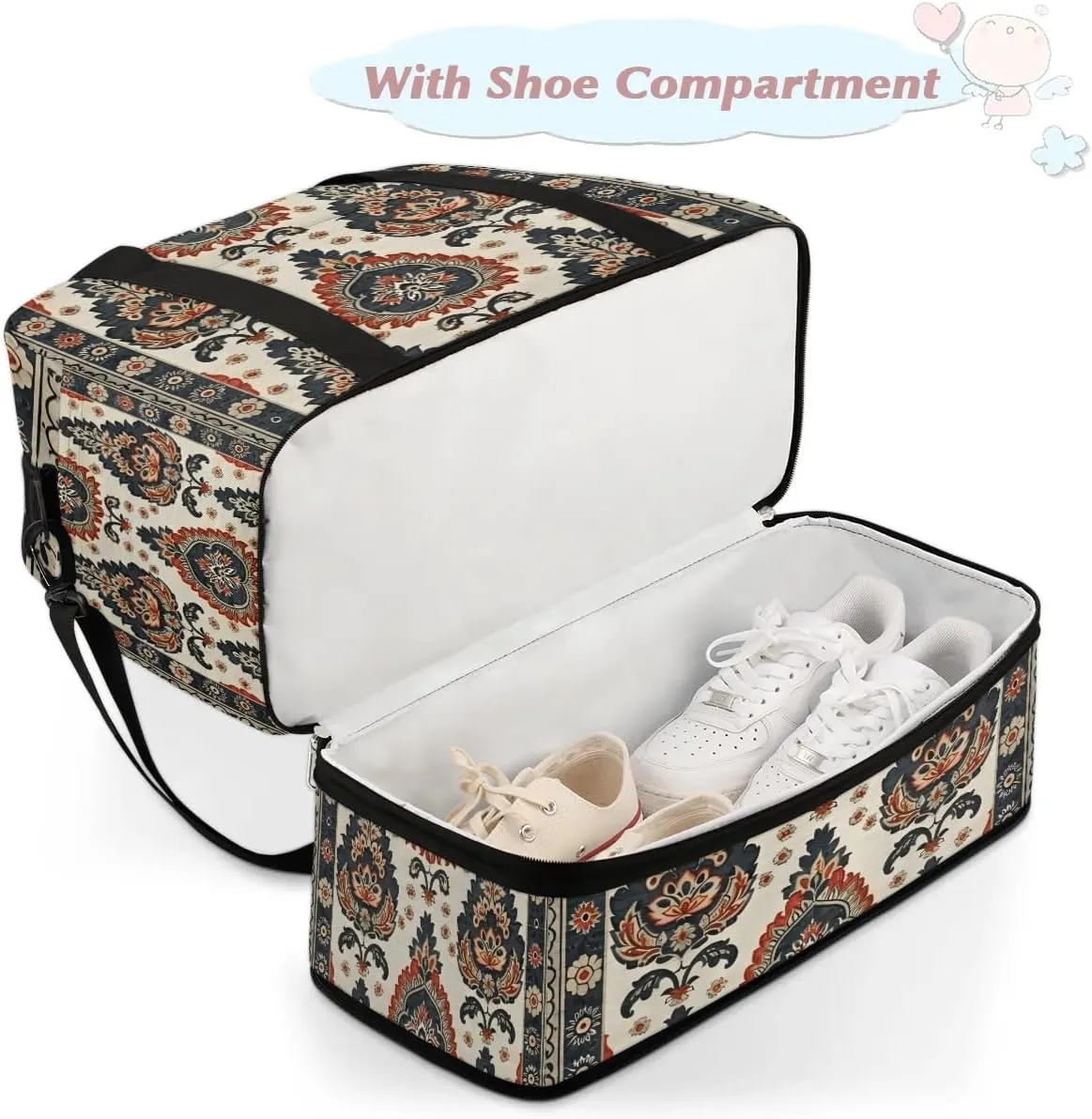 Boho Floral Patterns Travel Duffle Bag, Collapsible Travel Bag Sports Gym Bag With Shoes Compartment Weekender Bag Overnight Bag For Women Men