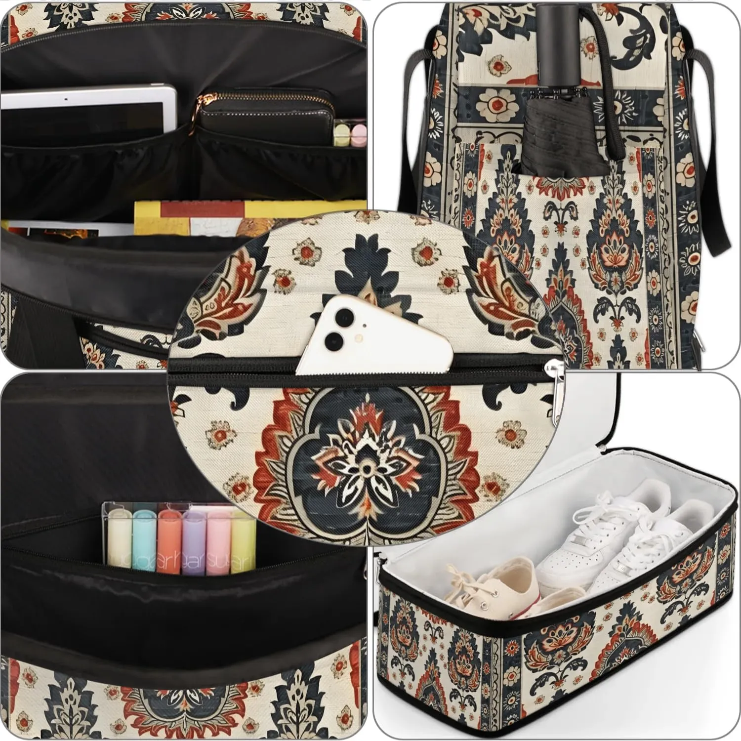 Boho Floral Patterns Travel Duffle Bag, Collapsible Travel Bag Sports Gym Bag With Shoes Compartment Weekender Bag Overnight Bag For Women Men
