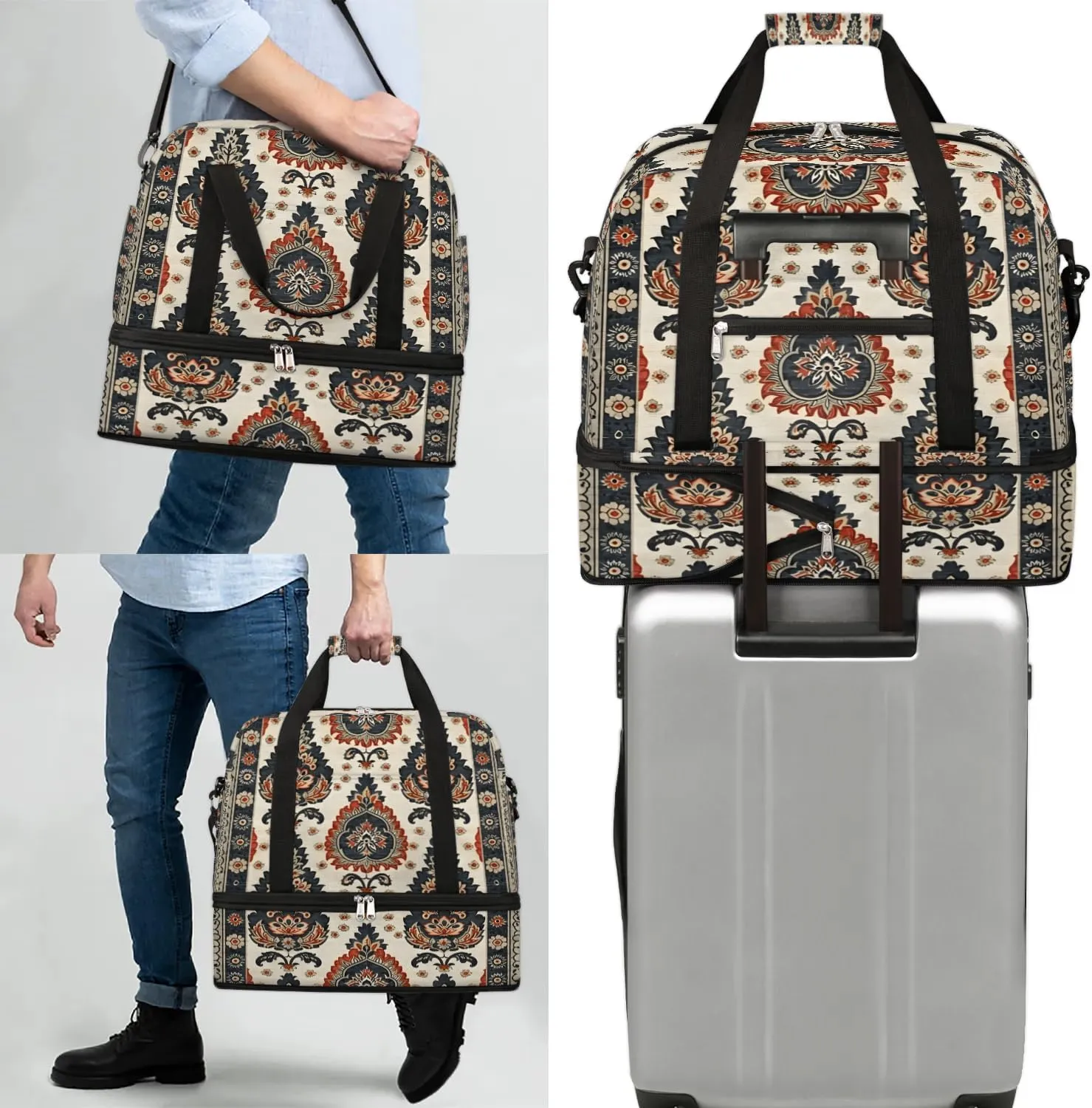 Boho Floral Patterns Travel Duffle Bag, Collapsible Travel Bag Sports Gym Bag With Shoes Compartment Weekender Bag Overnight Bag For Women Men