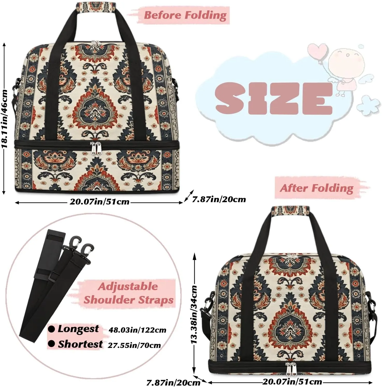 Boho Floral Patterns Travel Duffle Bag, Collapsible Travel Bag Sports Gym Bag With Shoes Compartment Weekender Bag Overnight Bag For Women Men