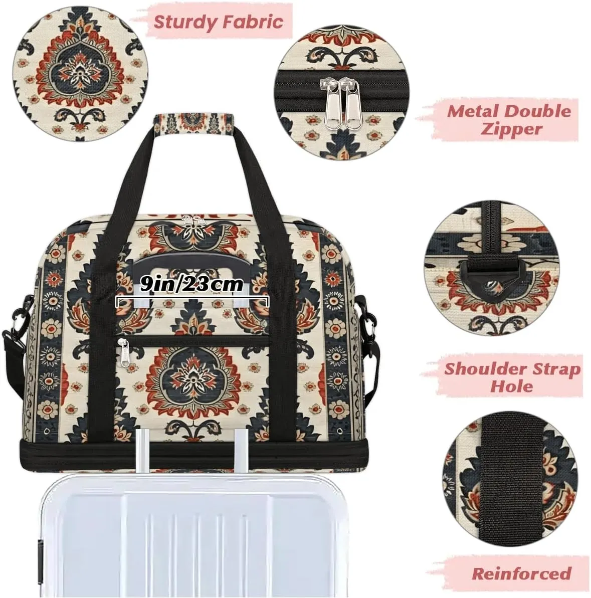 Boho Floral Patterns Travel Duffle Bag, Collapsible Travel Bag Sports Gym Bag With Shoes Compartment Weekender Bag Overnight Bag For Women Men