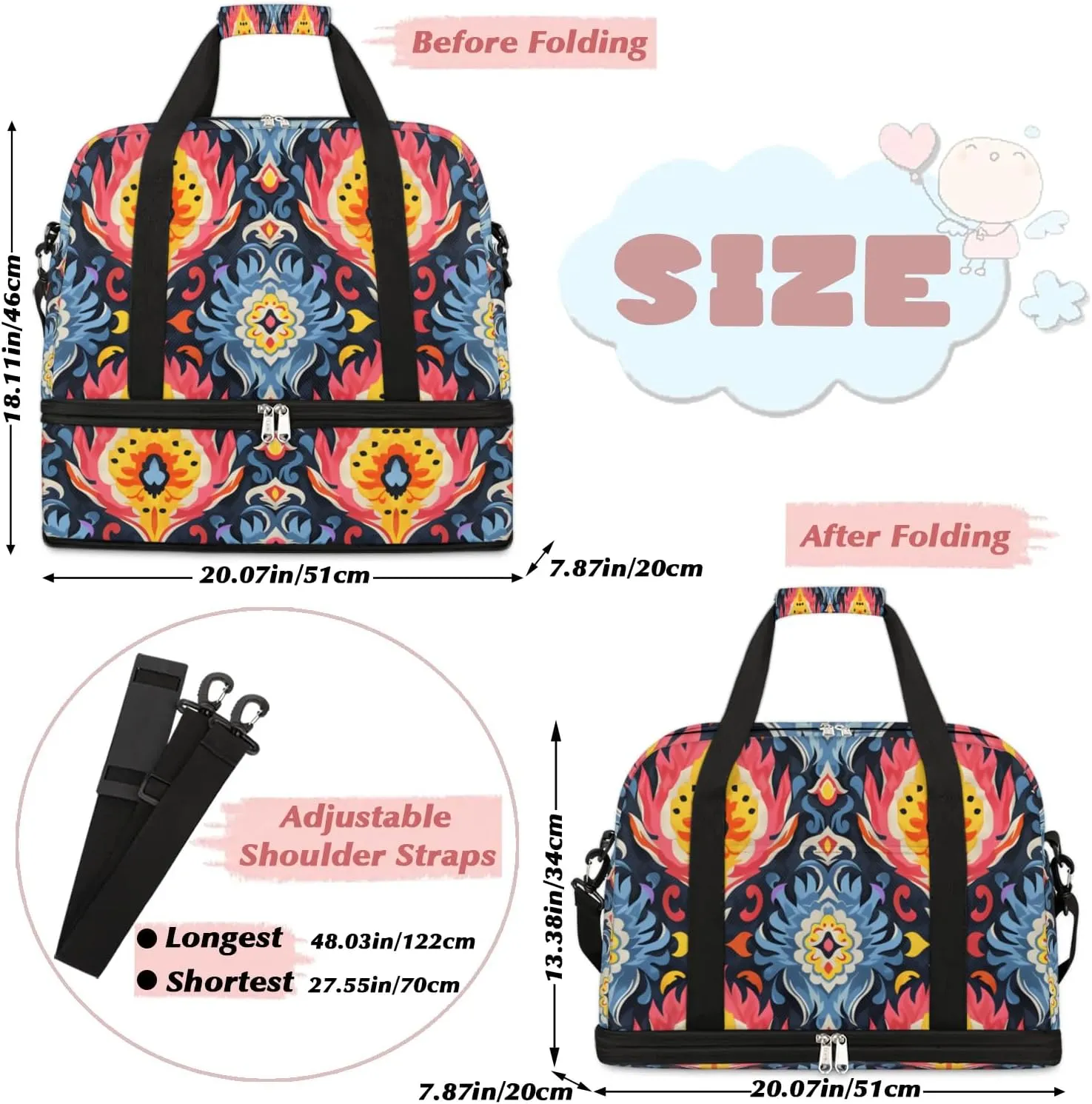 Boho Floral Printing Travel Duffle Bag, Collapsible Travel Bag Sports Gym Bag With Shoes Compartment Weekender Bag Overnight Bag For Women Men