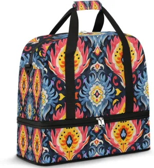 Boho Floral Printing Travel Duffle Bag, Collapsible Travel Bag Sports Gym Bag With Shoes Compartment Weekender Bag Overnight Bag For Women Men