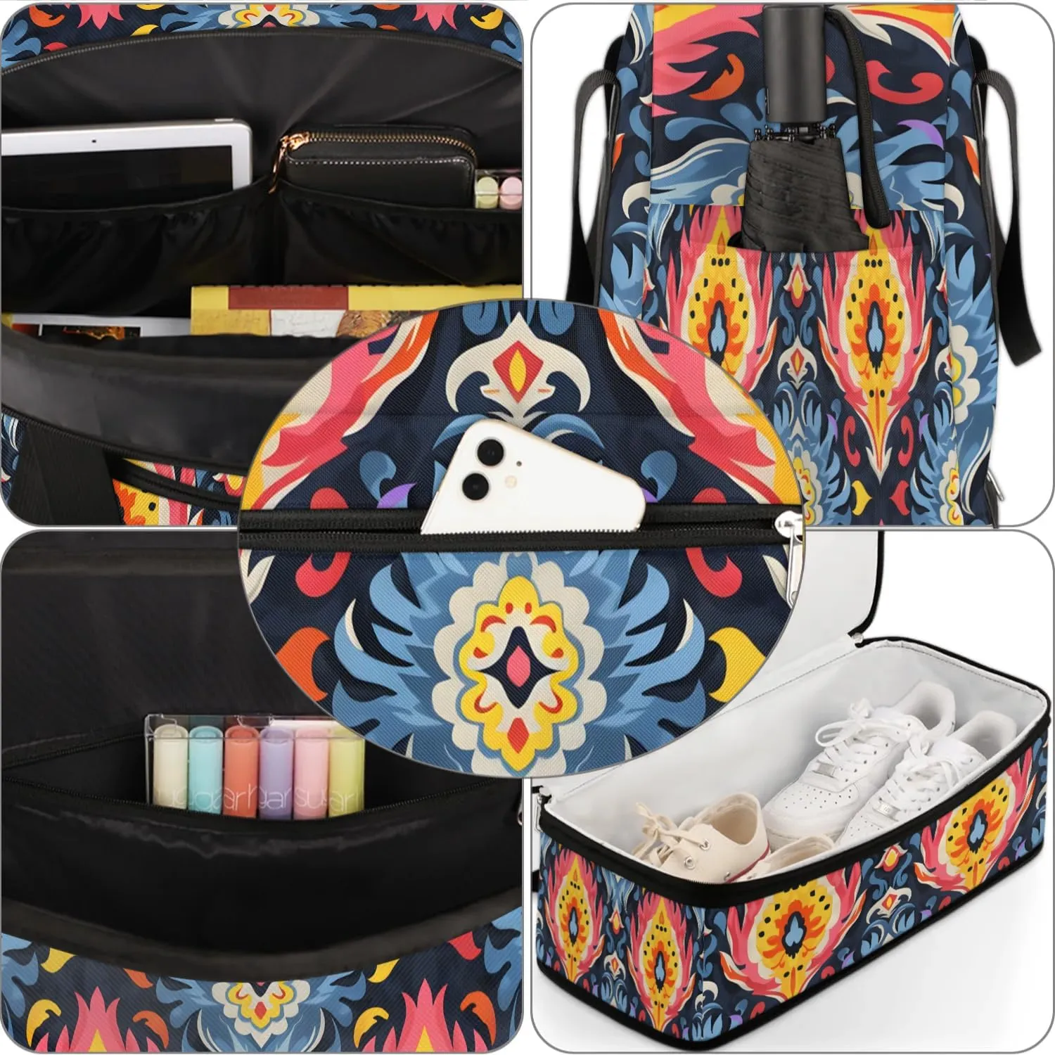 Boho Floral Printing Travel Duffle Bag, Collapsible Travel Bag Sports Gym Bag With Shoes Compartment Weekender Bag Overnight Bag For Women Men