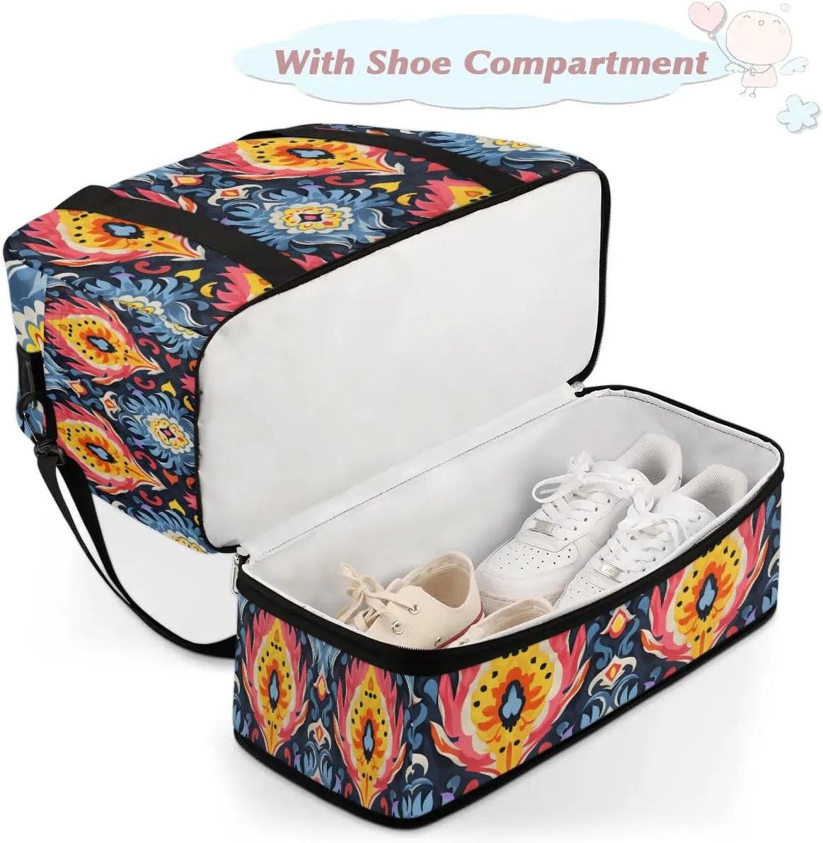 Boho Floral Printing Travel Duffle Bag, Collapsible Travel Bag Sports Gym Bag With Shoes Compartment Weekender Bag Overnight Bag For Women Men