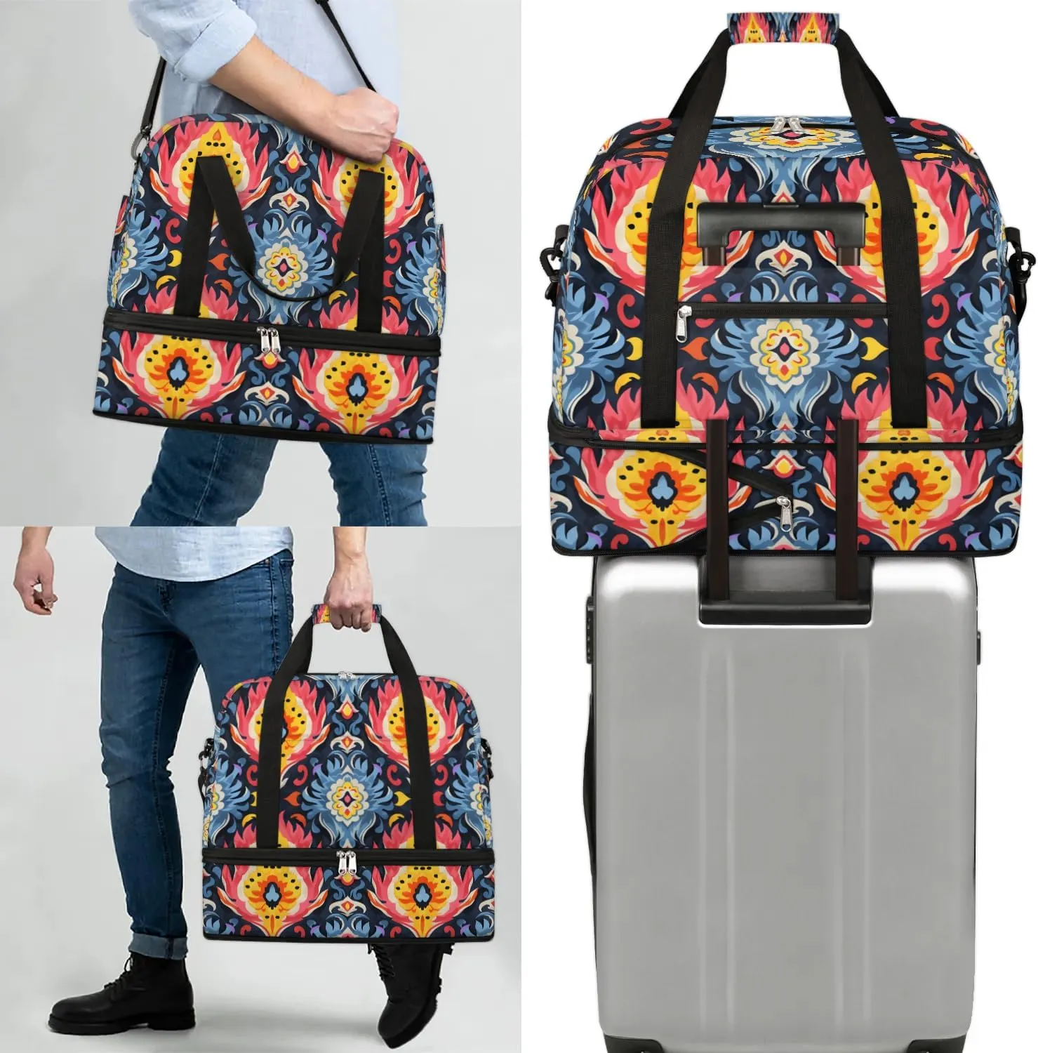 Boho Floral Printing Travel Duffle Bag, Collapsible Travel Bag Sports Gym Bag With Shoes Compartment Weekender Bag Overnight Bag For Women Men