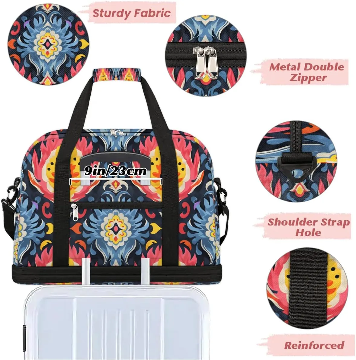 Boho Floral Printing Travel Duffle Bag, Collapsible Travel Bag Sports Gym Bag With Shoes Compartment Weekender Bag Overnight Bag For Women Men
