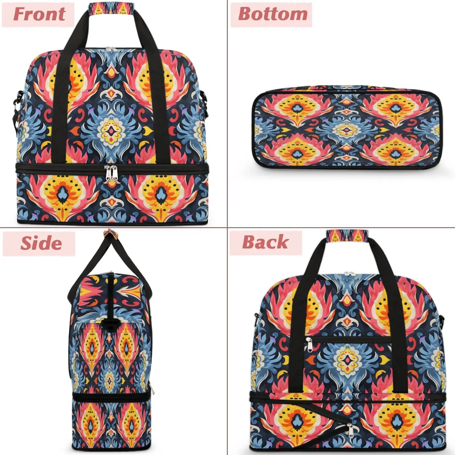 Boho Floral Printing Travel Duffle Bag, Collapsible Travel Bag Sports Gym Bag With Shoes Compartment Weekender Bag Overnight Bag For Women Men