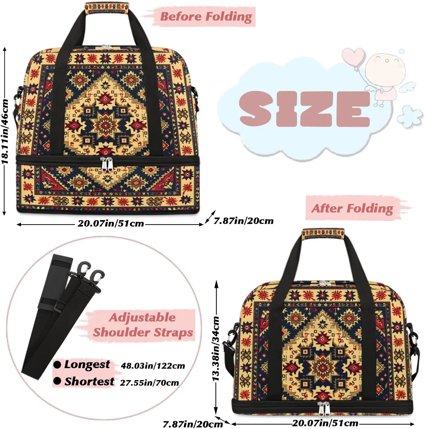 Boho Retro Floral Printings Travel Duffle Bag, Collapsible Travel Bag Sports Gym Bag With Shoes Compartment Weekender Bag Overnight Bag For Women Men