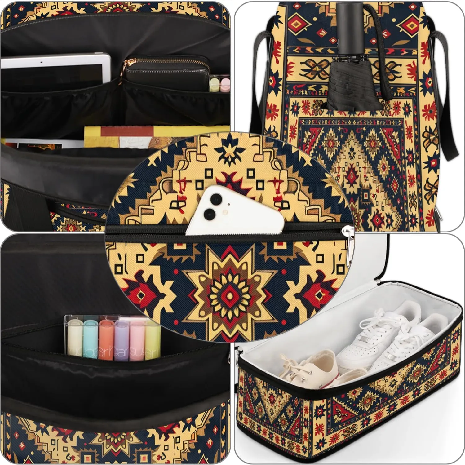 Boho Retro Floral Printings Travel Duffle Bag, Collapsible Travel Bag Sports Gym Bag With Shoes Compartment Weekender Bag Overnight Bag For Women Men
