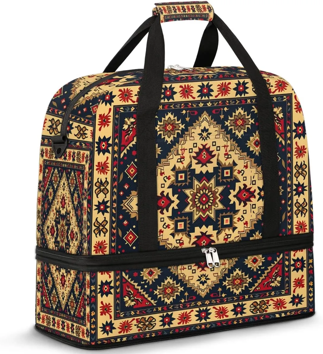 Boho Retro Floral Printings Travel Duffle Bag, Collapsible Travel Bag Sports Gym Bag With Shoes Compartment Weekender Bag Overnight Bag For Women Men