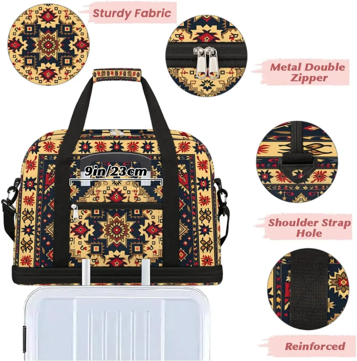 Boho Retro Floral Printings Travel Duffle Bag, Collapsible Travel Bag Sports Gym Bag With Shoes Compartment Weekender Bag Overnight Bag For Women Men