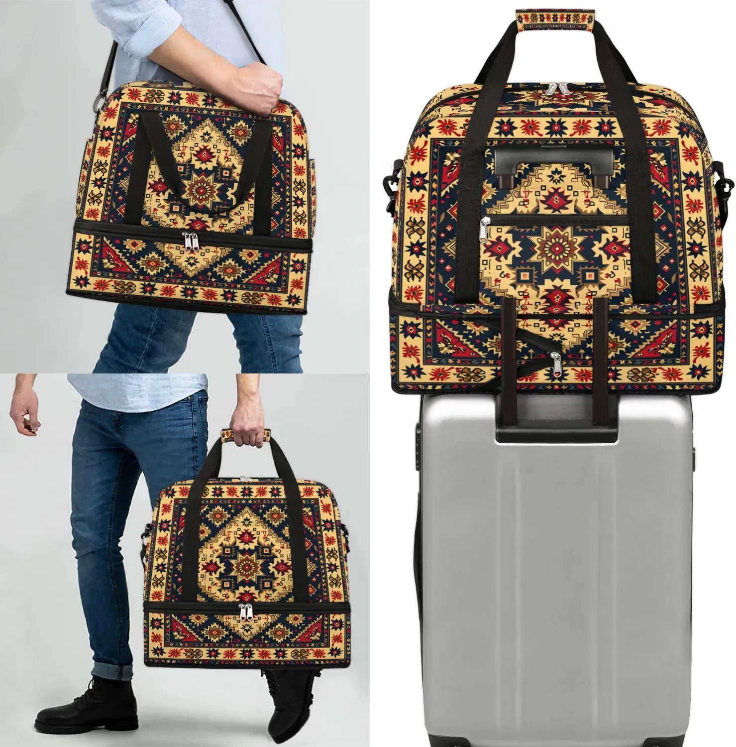 Boho Retro Floral Printings Travel Duffle Bag, Collapsible Travel Bag Sports Gym Bag With Shoes Compartment Weekender Bag Overnight Bag For Women Men