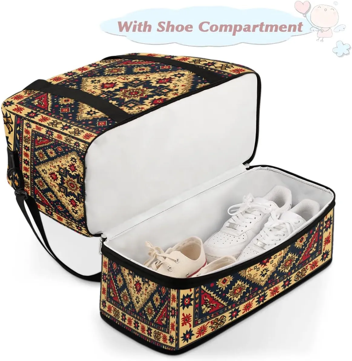 Boho Retro Floral Printings Travel Duffle Bag, Collapsible Travel Bag Sports Gym Bag With Shoes Compartment Weekender Bag Overnight Bag For Women Men