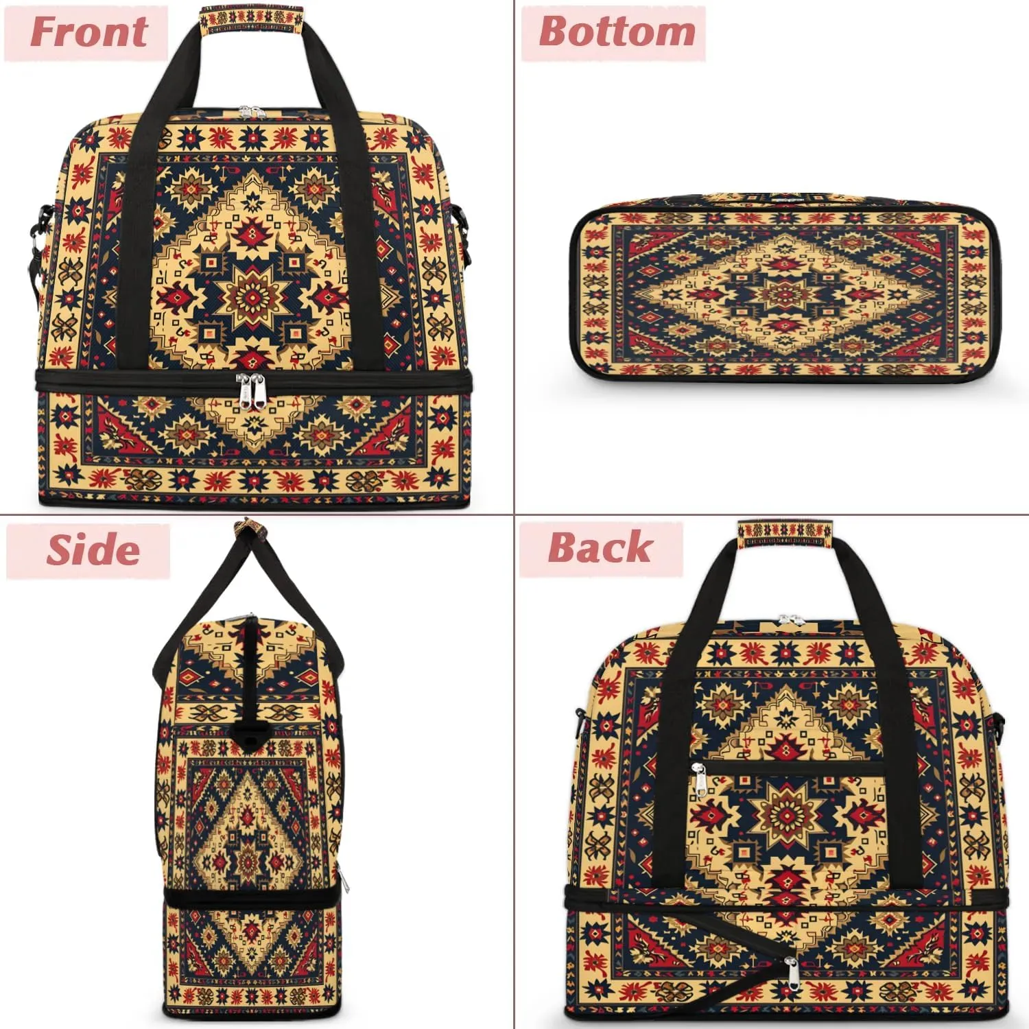 Boho Retro Floral Printings Travel Duffle Bag, Collapsible Travel Bag Sports Gym Bag With Shoes Compartment Weekender Bag Overnight Bag For Women Men