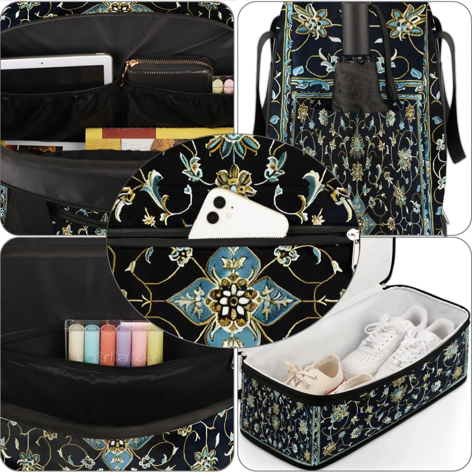 Boho Retro Printings Floral Travel Duffle Bag, Collapsible Travel Bag Sports Gym Bag With Shoes Compartment Weekender Bag Overnight Bag For Women Men