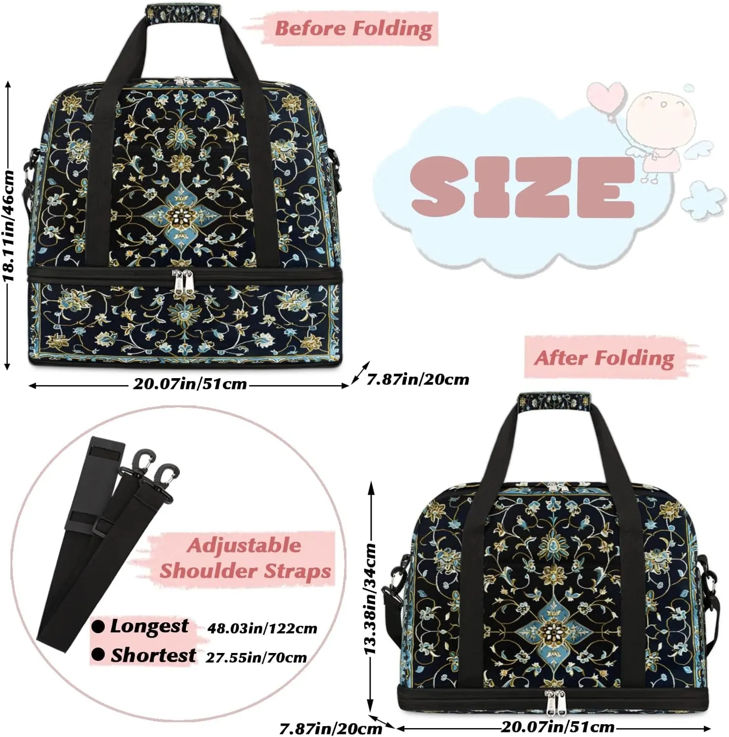 Boho Retro Printings Floral Travel Duffle Bag, Collapsible Travel Bag Sports Gym Bag With Shoes Compartment Weekender Bag Overnight Bag For Women Men
