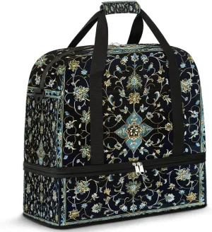 Boho Retro Printings Floral Travel Duffle Bag, Collapsible Travel Bag Sports Gym Bag With Shoes Compartment Weekender Bag Overnight Bag For Women Men
