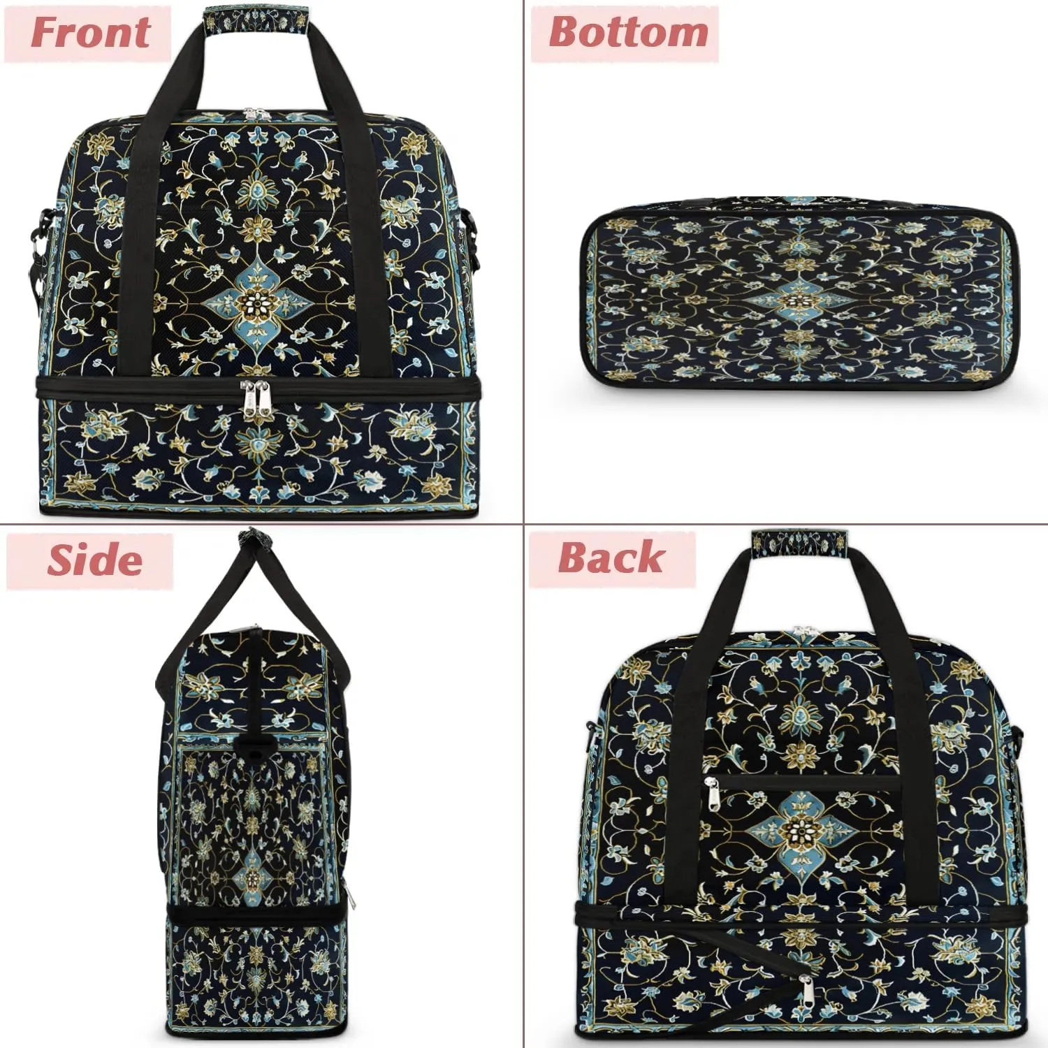 Boho Retro Printings Floral Travel Duffle Bag, Collapsible Travel Bag Sports Gym Bag With Shoes Compartment Weekender Bag Overnight Bag For Women Men