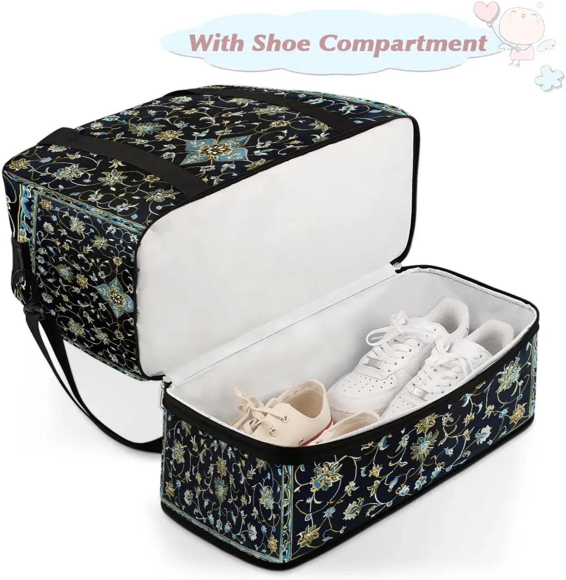 Boho Retro Printings Floral Travel Duffle Bag, Collapsible Travel Bag Sports Gym Bag With Shoes Compartment Weekender Bag Overnight Bag For Women Men