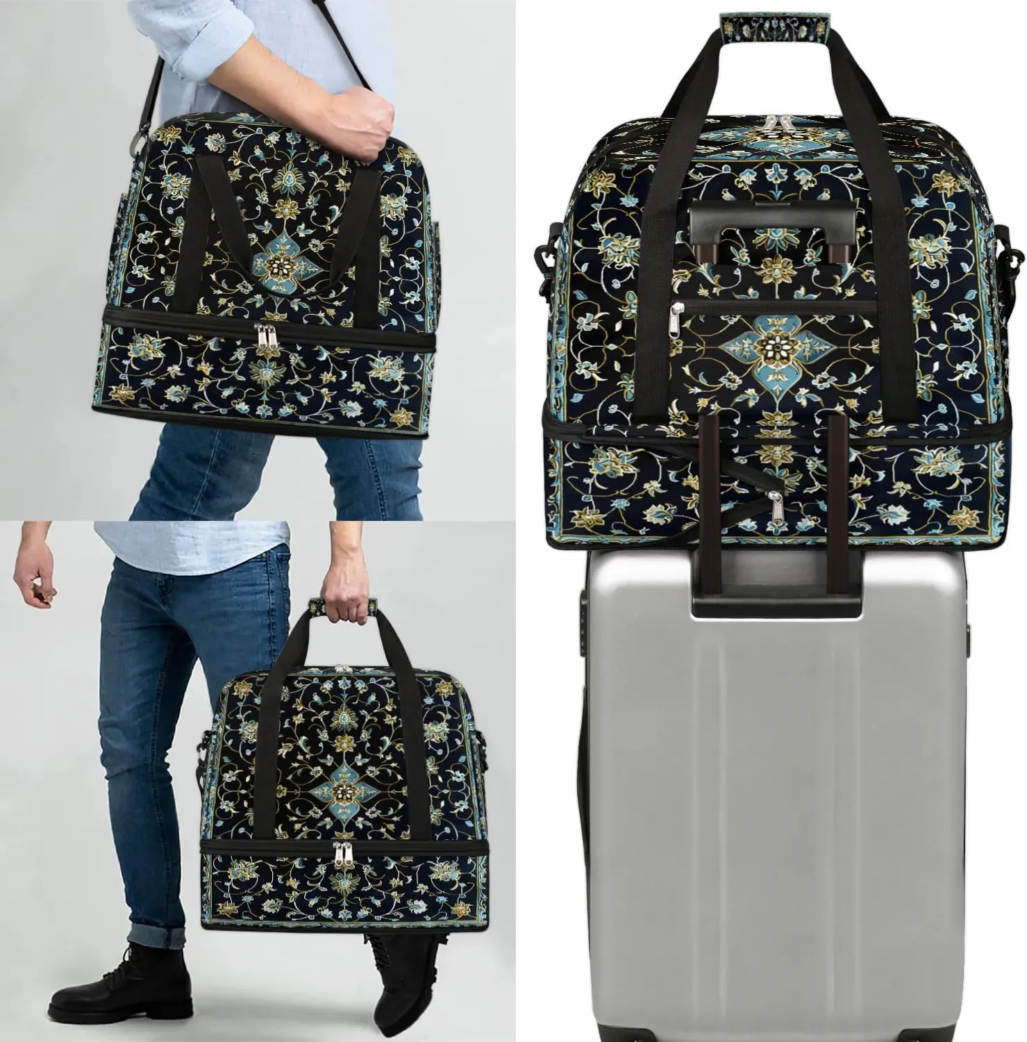 Boho Retro Printings Floral Travel Duffle Bag, Collapsible Travel Bag Sports Gym Bag With Shoes Compartment Weekender Bag Overnight Bag For Women Men