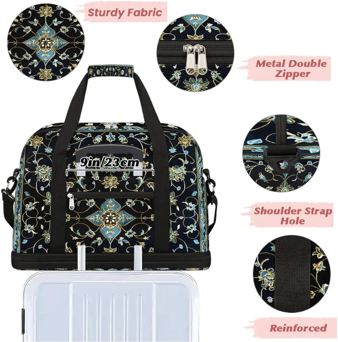 Boho Retro Printings Floral Travel Duffle Bag, Collapsible Travel Bag Sports Gym Bag With Shoes Compartment Weekender Bag Overnight Bag For Women Men