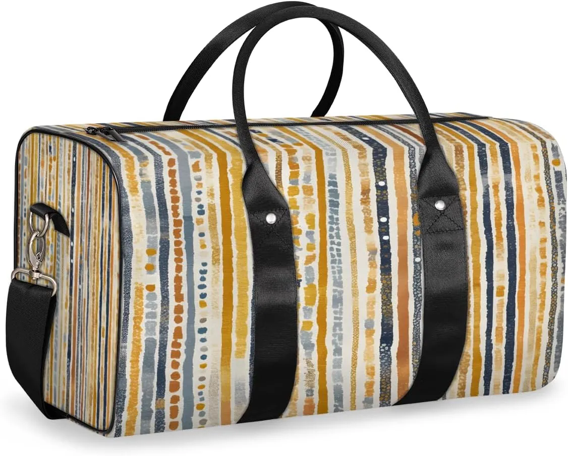 Boho Striped Travel Duffle Bag, Sports Gym Bags for Women Men, Carry On Weekender Overnight Bag, Stripe Geometric Workout Hospital Airplane Trips Bag