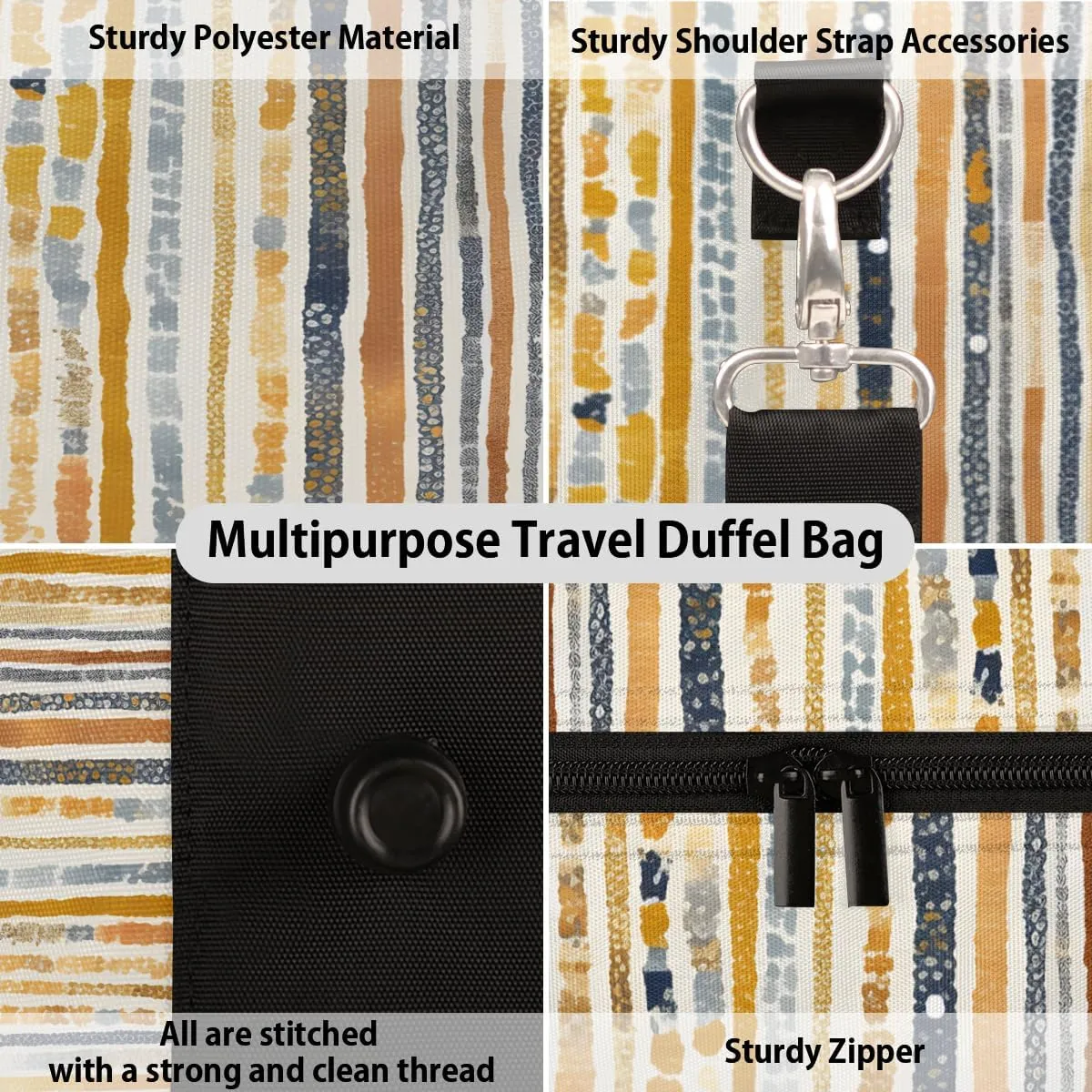 Boho Striped Travel Duffle Bag, Sports Gym Bags for Women Men, Carry On Weekender Overnight Bag, Stripe Geometric Workout Hospital Airplane Trips Bag