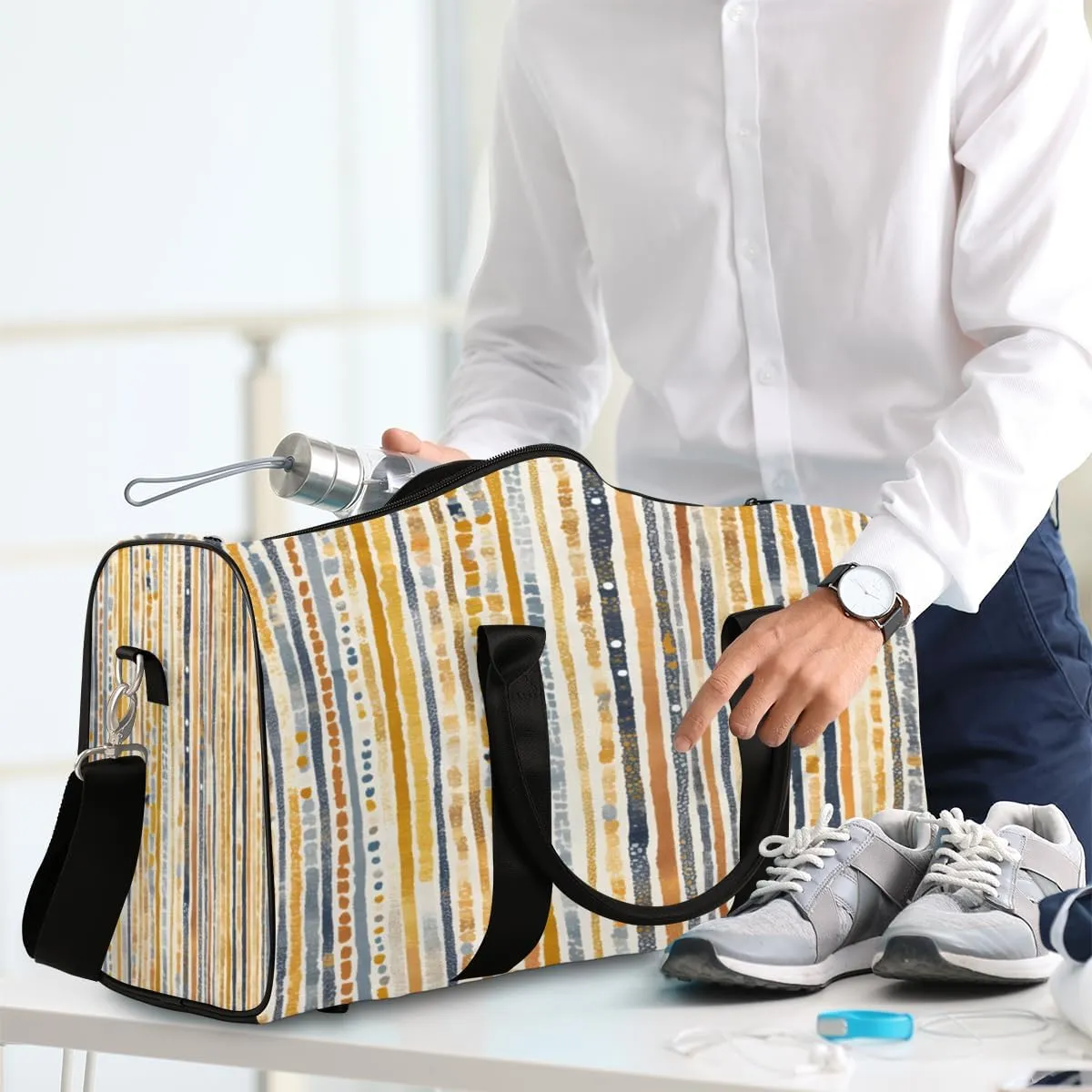 Boho Striped Travel Duffle Bag, Sports Gym Bags for Women Men, Carry On Weekender Overnight Bag, Stripe Geometric Workout Hospital Airplane Trips Bag