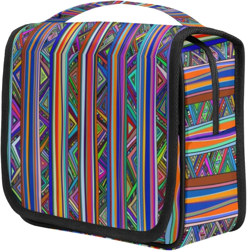 Boho Striped Triangle Travel Toiletry Bag for Women Portable Waterproof Travel Makeup Bag with Hanging Hook Makeup Cosmetic Organizer for Travel Business Trip Camping Bathroom