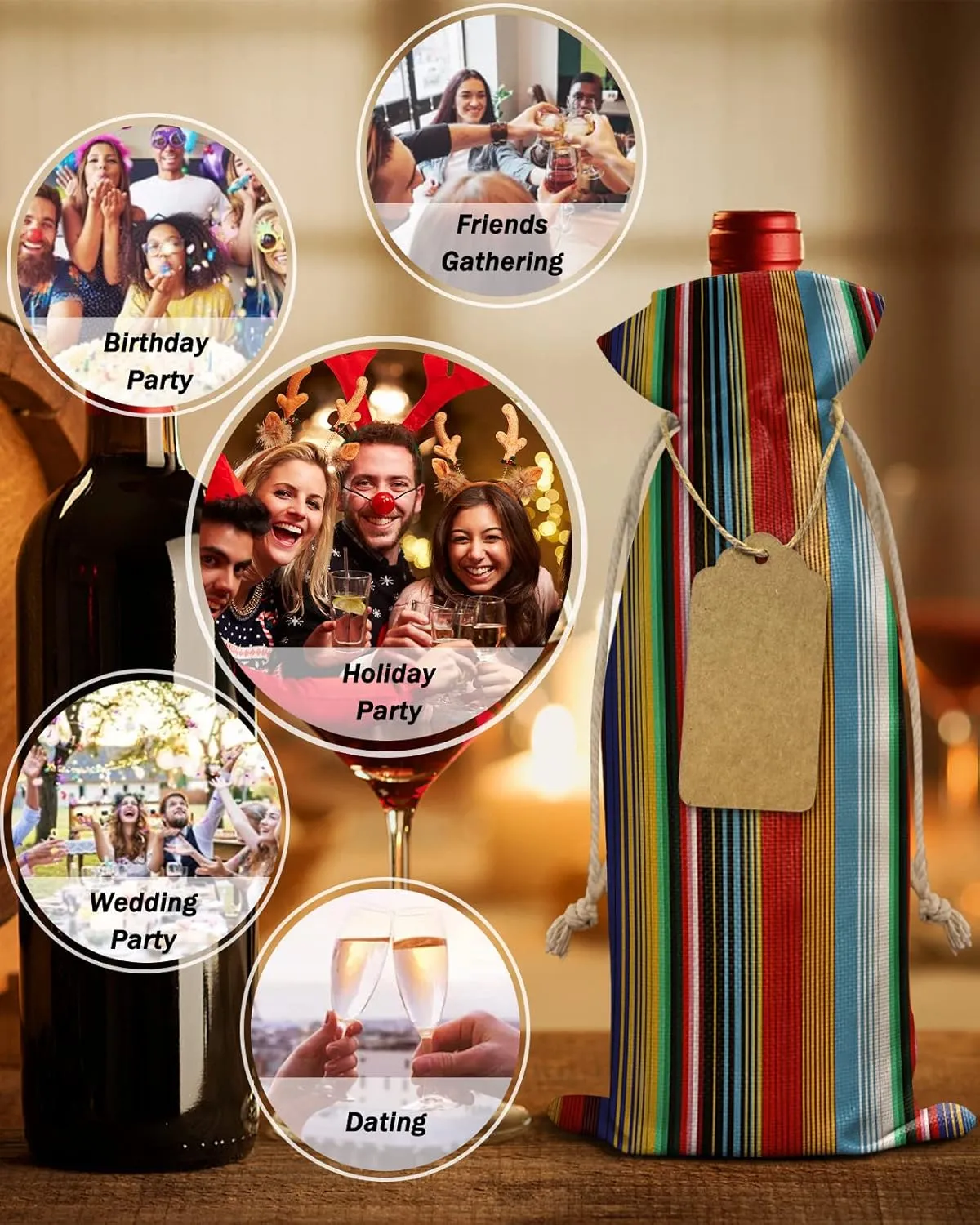 Boho Stripes Wine Bottle Bags Wine Bottle Cover with Drawstring, Colorful Mexico Gradual Striped Gift Bag for Champagne, Wedding, Birthday, Party