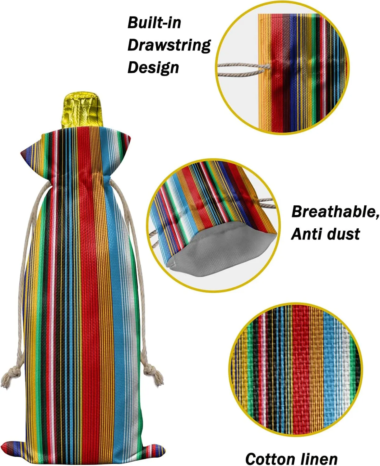 Boho Stripes Wine Bottle Bags Wine Bottle Cover with Drawstring, Colorful Mexico Gradual Striped Gift Bag for Champagne, Wedding, Birthday, Party