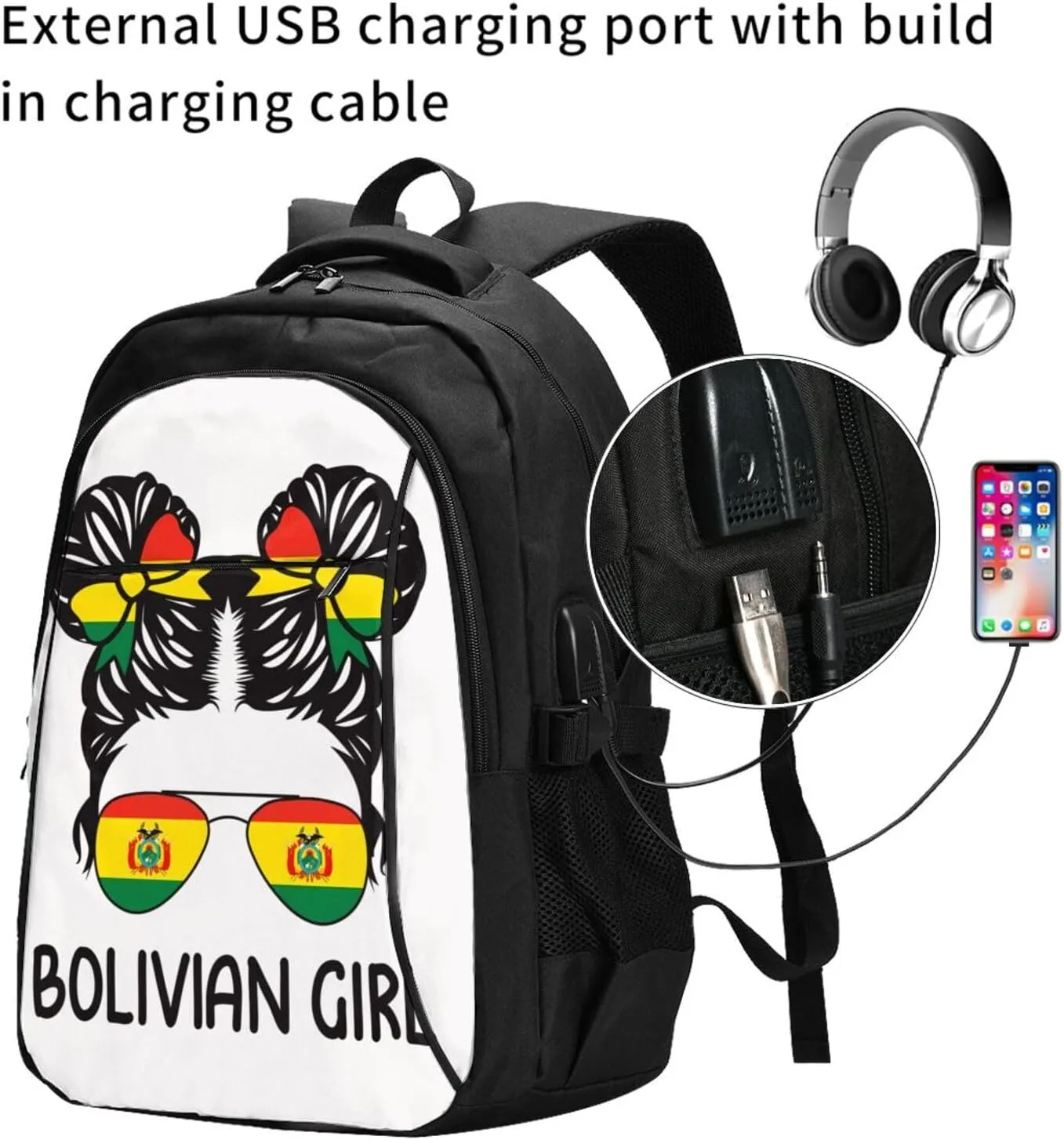 Bolivian Women Messy Hair Sunglasses Bolivia Pride Travel Backpacks Casual Backpack Large Capacity Laptop Rucksack Luggage Daypacks with USB Charging Port Multi-Pockets Bags for Hiking